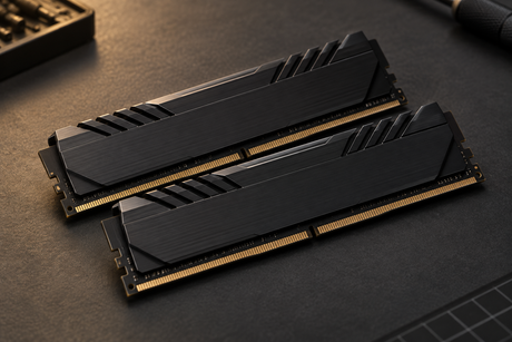 Two black desktop memory modules photographed on a work mat