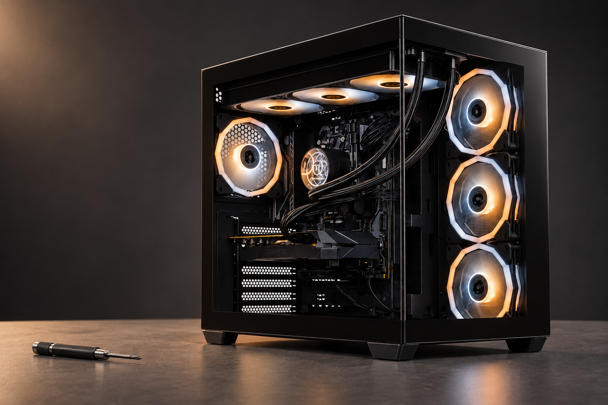 Black glass-sided gaming desktop on a studio workbench