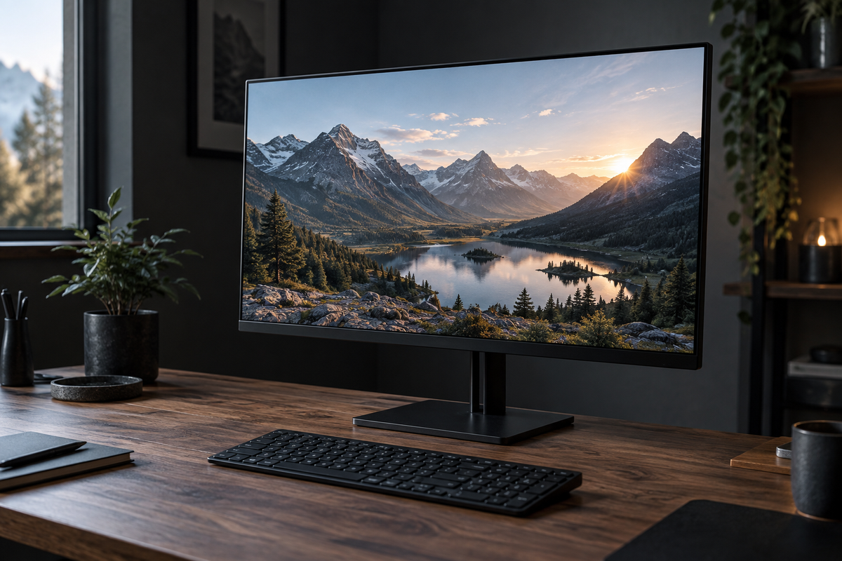 Monitor displaying a mountain landscape on a wooden desk