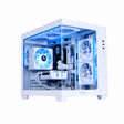 A white desktop computer tower with a transparent side panel, showcasing a custom PC build with dual blue-lit fans, white cables, and internal components, set against a plain white background.