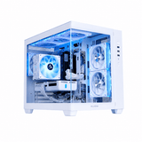 A white desktop computer tower with a transparent side panel, showcasing a custom PC build with dual blue-lit fans, white cables, and internal components, set against a plain white background.