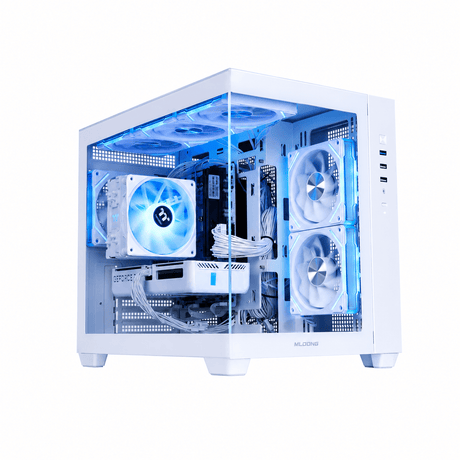 A white desktop computer tower with a transparent side panel, showcasing a custom PC build with dual blue-lit fans, white cables, and internal components, set against a plain white background.