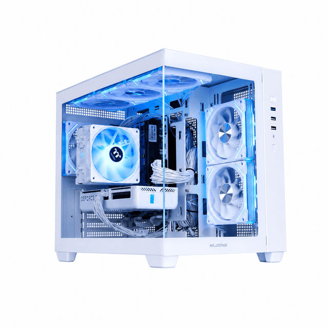 A white desktop computer tower with a transparent side panel, showcasing a custom PC build with dual blue-lit fans, white cables, and internal components, set against a plain white background.