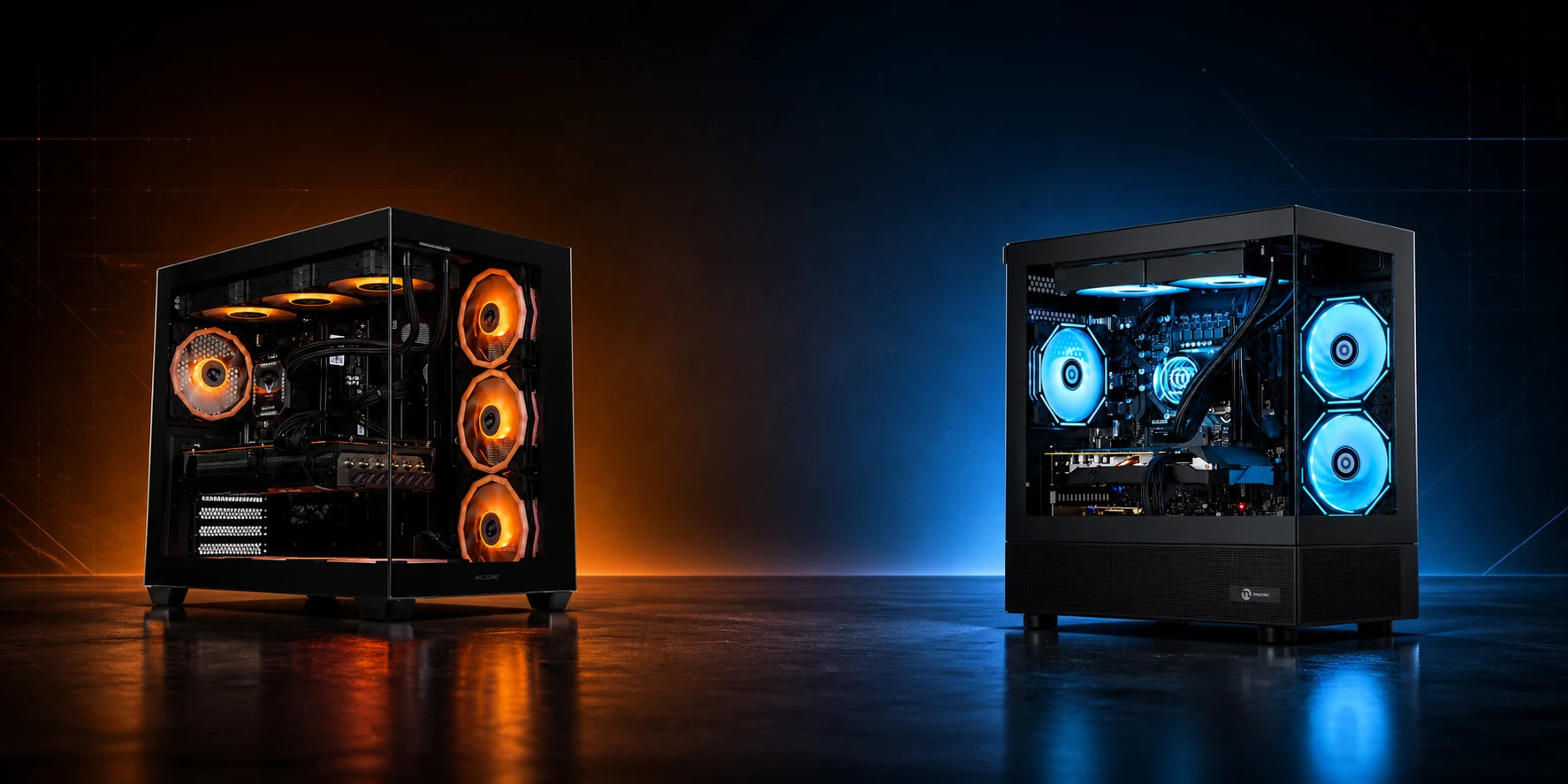 MLOONG orange RGB and NINGMEI blue RGB gaming desktop computers